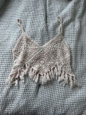 American Eagle Outfitters Crochet Fringe Camisole - Cream